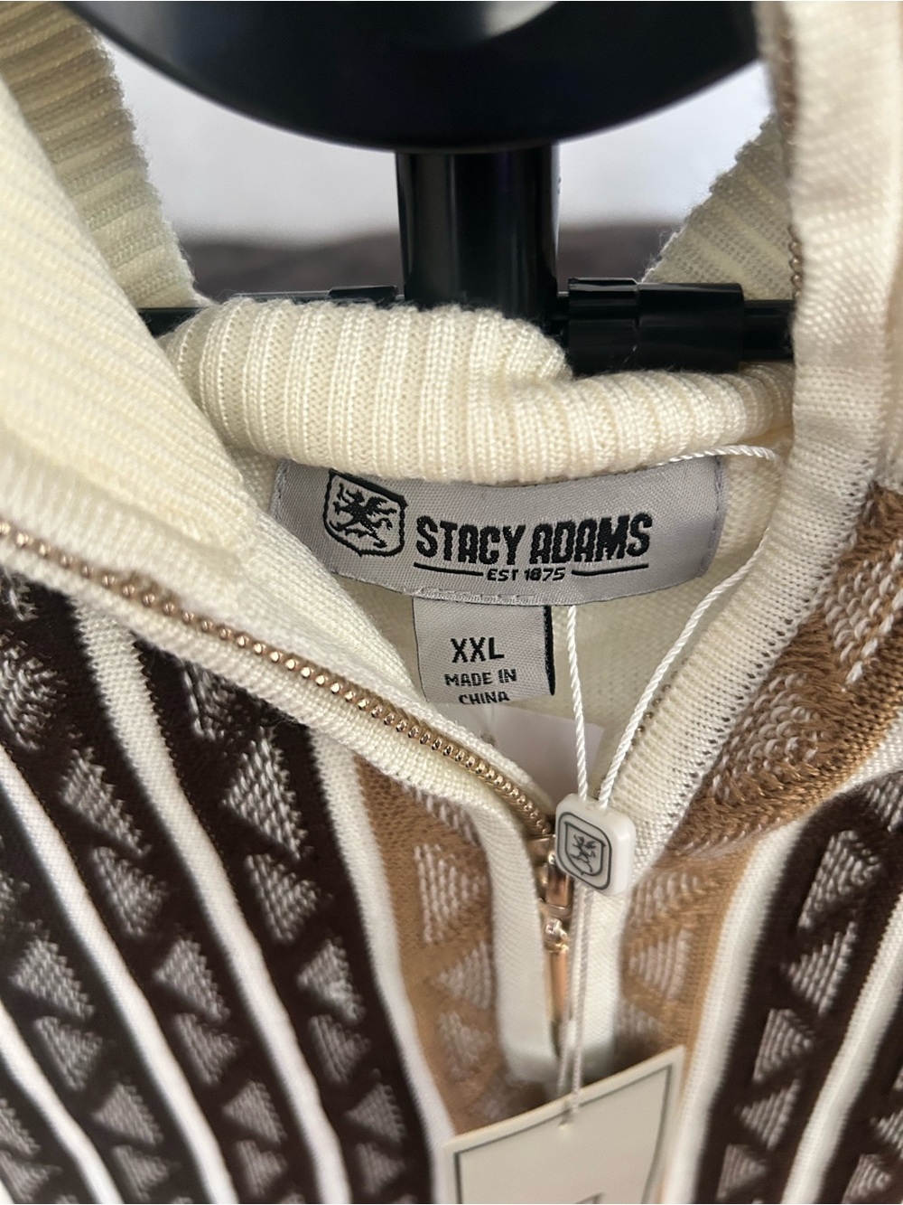 Stacy Adams Cream Zip-Up Sweater with Brown & Tan Vertical Pattern - Picture 2 of 5